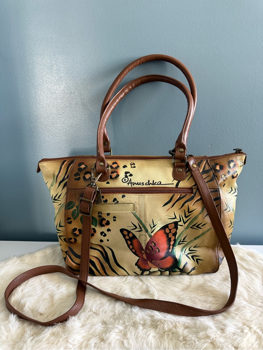 Anuschka Animal Butterfly Large Painted Leather Tote Bag